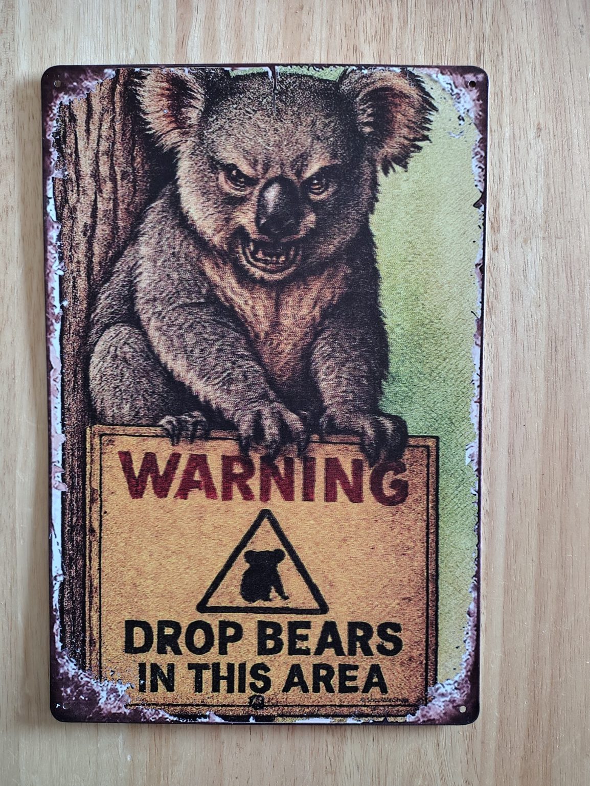 Drop Bear Warning Tin Sign – Australian Mythical Creature Alert (approx. 19.8 cm×30 cm.) - Image 2